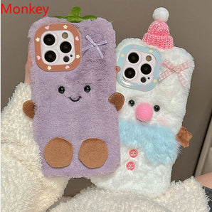 Cute Cartoon 3D Santa Snowman Soft Plush Case For iPhone 16 Pro Max Cases 15 Plus 14 13 12 11 Fluffy Warm Winter Furry Fur Cover