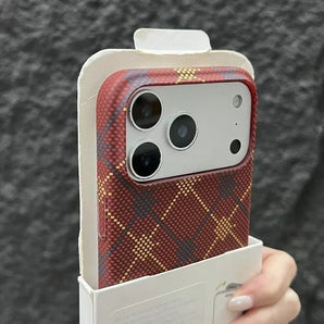 Original Kevlar Hot Stamping Lattice Pattern Plastic Case For iPhone 17 16 15 14 13 Pro Max Ultra Thin Fundas Protective Cover