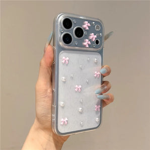 Cute 3D Pink Bowknot Pearl Glitter Clear Phone Case For iPhone 17 18 Pro Max 16 15 12 11 14 13 Lovely Shockroof TPU Soft Cover