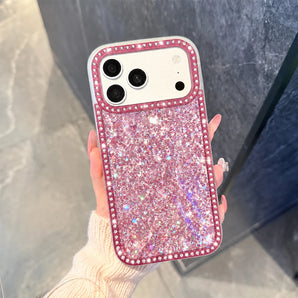 Luxury Sparkling Rhinestone Phone Case, Compatible with iPhone Air/18/17 Pro Max/16 Pro/15/14/13/12/11, Glitter Acrylic Back Cover, Solid Color Soft-Touch Frame, Large Camera Cutout Protective Case