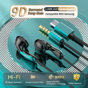 9DHIFI Heavy Bass Stereo Sport Music Wired Earphones 3.5MM AUX/Type-C Digital Chip Headsets For Samsung Xiaomi Android Tablet PC