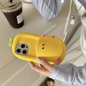 Cute Funny Creative Yellow Pupppy Silicone Phone Case with Petiole for iPhone 16 15 14 13 12 Pro Max Shockproof Back Cover