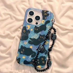 Cute Moon Star Cat With Chain Case For Samsung Galaxy S26 FE S26 Ultra S25 S24 S23 Plus S25FE A57 A37 A27 A17 A55 A56 Case Full