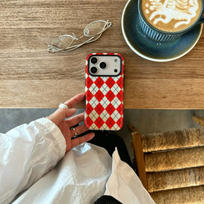 Red White Argyle Diamonds For iPhone 18 17 16 15 14 13 Pro Max Plus Dual‑Layer Luxury Shockproof Magnetic Protective Phone Case