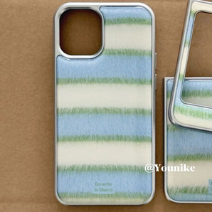 Ins Korean Green & Blue Stripes Electroplated Drip Glue Phone Case For iPhone 17 Air 16 Pro Max 15 14 Plus 13 12 11 Back Cover
