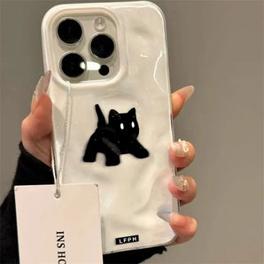 Phone Case For iPhone 17Air 16 15 14 12 13 11 Pro Max Candy Color Wave Pattern Protective Cover Cute Black Fuzzy Cat Shockproof