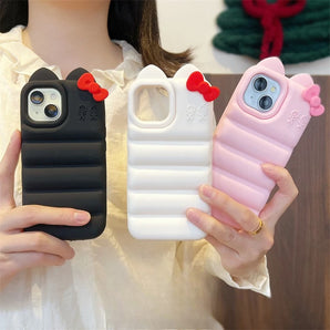 Down Jacket with Ears and Bow Phone Case For iPhone 17 16 15 14 13 12 Pro Max Cute and Soft