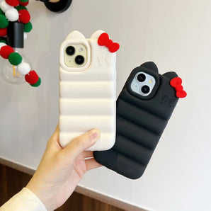 3D Bowknot Cat Ears Down Jacket Phone Case For iPhone 17 16 15 14 Plus 13 12 Pro Max Soft Silicone Shockproof Protection Cover