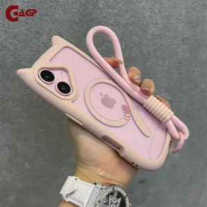 Cartoon 3D Cat Ear Magnetic Lanyard Case For iPhone 17 ProMax 12 13 14 15 16 Pro Max Plus Mini Wristband Clear Soft border Cover