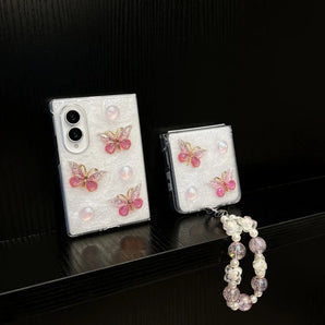 Korean Glitter Cute Butterfly Pearl Phone Case For Samsung Galaxy Z Fold 8 ZFold8 Z Fold8 Cover with Chain Kawaii Hard Cases