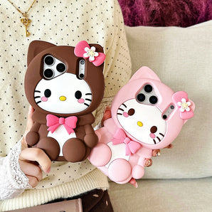 Lovely 3D Bow Hello Kitty Leg Stand Case for iPhone 17 16 15 14 13 12 Pro Max Plus Shockproof Soft Silicone Holder Phone Cover