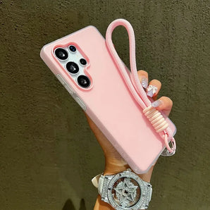 2in1 With Wrist Strap Lanyard Jelly Phone Case For Samsung Galaxy S26 S25 Edge S24 S23 S22 S21 S20 FE Plus Ultra Solid Cover