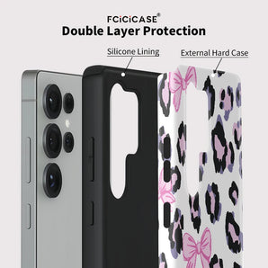 Fcicicase S25 Ultra Cute Bow Knots Leopard Phone Case For Samsung Galaxy S20 FE S24 Plus S23 A56 A26 A36 A16 Dual Layer Cover