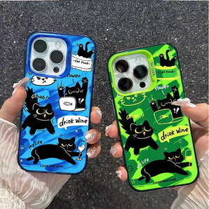 Funny Black Cat Graffiti Phone Case for iPhone, Cute Cartoon Design Color Camera Rim Anti-drop Mobile Phone Cover
