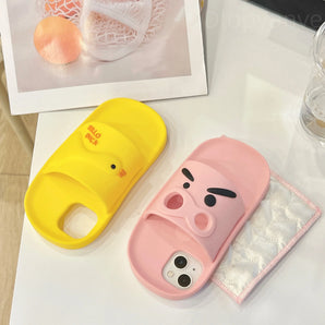 3D Slipper Shape Yellow Duck Silicone Phone Case for IPhone 17 16 15 14 13 Pro Max Flip Sandals Design Soft  Anti-drop Cover