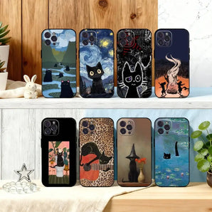 C-Cute A-Art C-Cat Design Phone Case For iPhone 16,15,14,13,12Plus,Pro Max,XS,5G Soft Silicone Black Cover