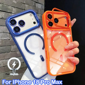 For Magsafe Magnetic Clear Case for Apple IPhone 18 17 Air 16 15 14 Plus 13 12 11 Pro Max Metal Cameara Kickstand Proctive Cover