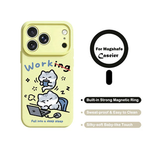 For MagSafe Phone Case For iPhone 18 17 16 15 Pro Max 14 13 12 Pro Max Wireless Charge Liquid Silicone Working Cat Korean Cover
