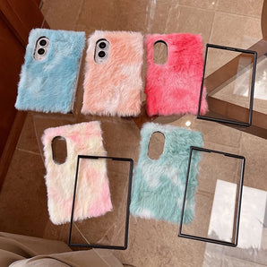 Fashion Gradient Color Fur Fluffy Phone Case For Samsung Galaxy Z Fold 8 Ultra 7 6 5 Fold7 Cover with Chain Korean Plush