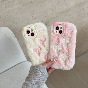 Soft Fluffy Plush Bowknot Cat Ears 3D Pearl Phone Case For iPhone 14 15 16 Plus 13 Pro Max 11 12 Warm Winter Cover Embroidery
