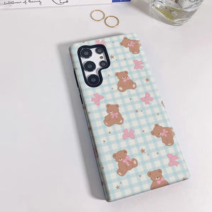 Light Blue Checkerboard Bear Phone Case for Samsung Galaxy S25 Ultra S24 S23 Ultra Plus Shockproof Double Layer Back Cover