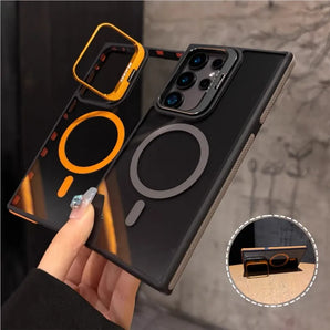Luxury Camera Lens Kickstand Holder For Magsafe Case for Samsung Galaxy S25 S24 S23 FE Plus S22 Ultra Shockproof Bumper Cover