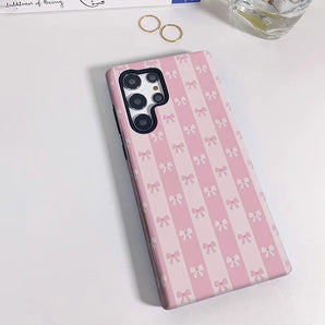 Blush Tone Bow Stripe Phone Case for Samsung Galaxy S25 Ultra S24 S23 Ultra Plus Shockproof Double Layer Back Cover