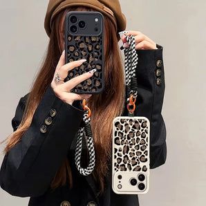 INS Leopard Print Hand Wrist Strap Case For iPhone 17 16 Pro Max Cases iPhone 11 13 12 Pro Max 14 15 Plus With Lanyard TPU Cover