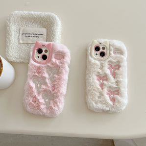 Soft Fluffy Plush Bowknot Cat Ears 3D Pearl Phone Case For iPhone 14 15 16 Plus 13 Pro Max 11 12 Warm Winter Cover Embroidery
