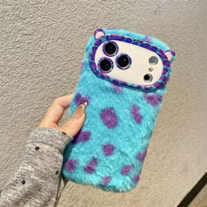 Fashion Leopard Print Fur Plush Phone Case for iPhone 17 16 15 14 13 12 11 Pro Max With Wrist Strap Lens Holder Shockproof Cover