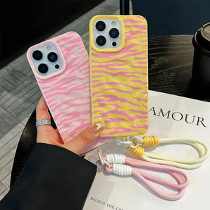 Wrinkle Phone Case For iPhone 17 Pro 16 Pro 13 15 14 12 11 Pro Max Air 15 16 Plus Shockproof Lanyard Y2K Pink Zebra Stripe Cover