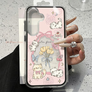 Cute Kitten Pattern 2 In 1 Phone Case For Samsung S26 Ultra A56 A36 A57 S26 S25 Ultra S24 S23 A16 Clear Funda Black Border Cover