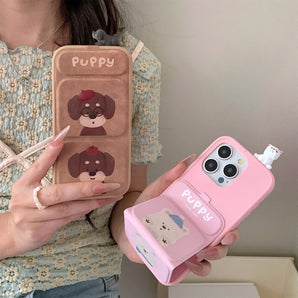 Korean Cute 3D Puppy  Flip Folding Bracket Dalmatian Case for iPhone 16 15 14 13 Pro Max Shockproof Back Cover