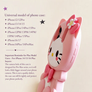 Lovely 3D Bow Hello Kitty Leg Stand Case for iPhone 17 16 15 14 13 12 Pro Max Plus Shockproof Soft Silicone Holder Phone Cover