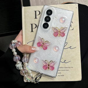 Korean Glitter Cute Butterfly Pearl Phone Case For Samsung Galaxy Z Fold 8 ZFold8 Z Fold8 Cover with Chain Kawaii Hard Cases