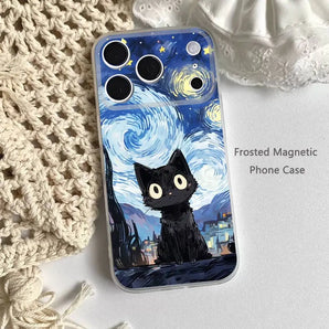Funny cartoon Van Gogh Monet's Black Cat Phone Case For iPhone 14,16,12,17,13,15,11 Max,Pro,Mini,Plus,Air,E Magnetic Frosted