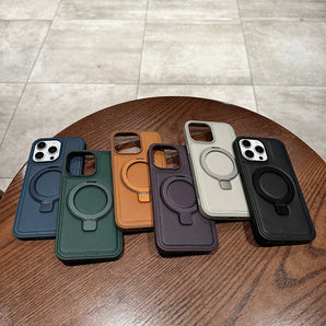 PU Leather Magnetic Case for Apple iPhone 17 Air 16 15 14 13 12 Pro Max for Magsafe Charger With Foldable Ring Kickstand Stand