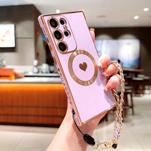 Plating TPU Case For Samsung Galaxy S26 S25 S24 S23 S22 S21 Ultra Plus FE S25FE For Magsafe Charge Wrist Lanyard Bracelet Cover