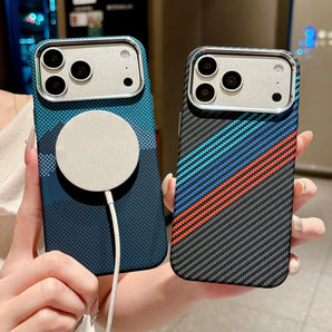 Frosted Carbon Fiber Kevlar Texture For Magsafe Phone Case For iPhone 17 16 15 14 13 Pro Max Magnetic Metal Frame Bumper Cover
