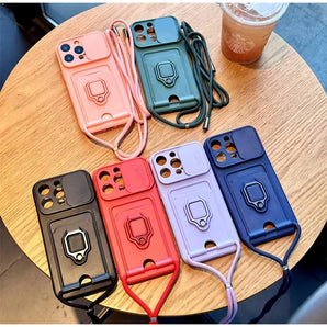 Sliding camera protection magnetic stand lanyard phone case suitable for iPhone 17 17Pro Air 16 15 14 13 12 11 Pro Max Card hold