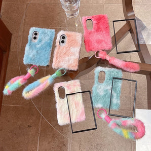 Fashion Gradient Color Fur Fluffy Phone Case For Samsung Galaxy Z Fold 8 Ultra 7 6 5 Fold7 Cover with Chain Korean Plush