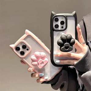 INS Cute 3D Cat Ear Claw Grip Tok Holder Phone Case for iPhone 17 Pro Max 16 15 14 13 12 11 Plus XS XR Acrylic Transparent Cover
