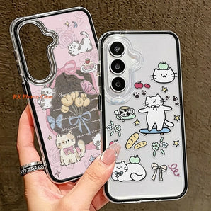Cute Kitten Pattern 2 In 1 Phone Case For Samsung S26 Ultra A56 A36 A57 S26 S25 Ultra S24 S23 A16 Clear Funda Black Border Cover