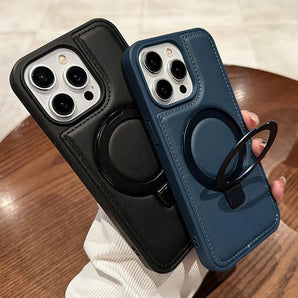 PU Leather Magnetic Case for Apple iPhone 17 Air 16 15 14 13 12 Pro Max for Magsafe Charger With Foldable Ring Kickstand Stand