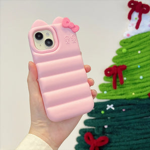 3D Bowknot Cat Ears Down Jacket Phone Case For iPhone 17 16 15 14 Plus 13 12 Pro Max Soft Silicone Shockproof Protection Cover