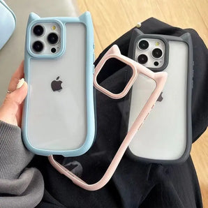 Cute Cat Ear Transparent Phone Case For iPhone 16 Case iPhone 13 12 11 15 14 17 Pro Max Air Silicone Shockproof Soft Blue Cover