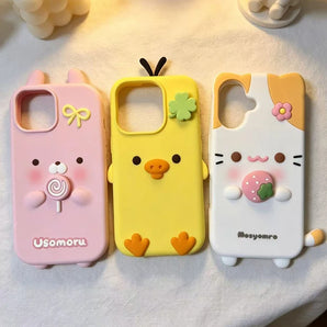 For iPhone 17 5S 15 Plus 16 Pro Max 14 Pro 13 12 Mini 11 SE2 SE3 7 8 3D Rotate Chick Cat Rabbit Cartoon Silicon Soft Phone Case