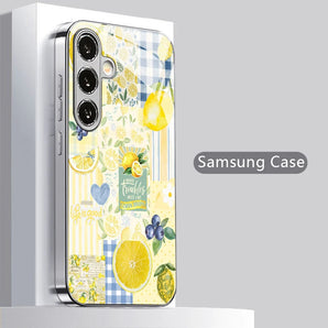 Lemon Patchwork Pattern 2D Phone Case for Samsung S26 S25 S24 S23 S22 S21 S20 A56 A36 A16 - Electroplated Glass Protective Cover