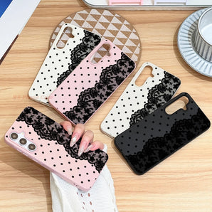 Black Polka-dot Lace 2D Pattern Phone Case For Samsung S26 Ultra S25 Ultra S26 S24 S23 A56 A36 A35 A57 A37 Leather Texture Funda