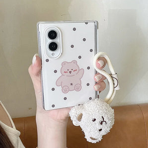 Korean Polka Dot Bear Cute Phone Case For Samsung Z Fold 8 ZFold8 Cover with Hand Rope Kawaii Hard Cases For Galaxy Z Fold8 Capa